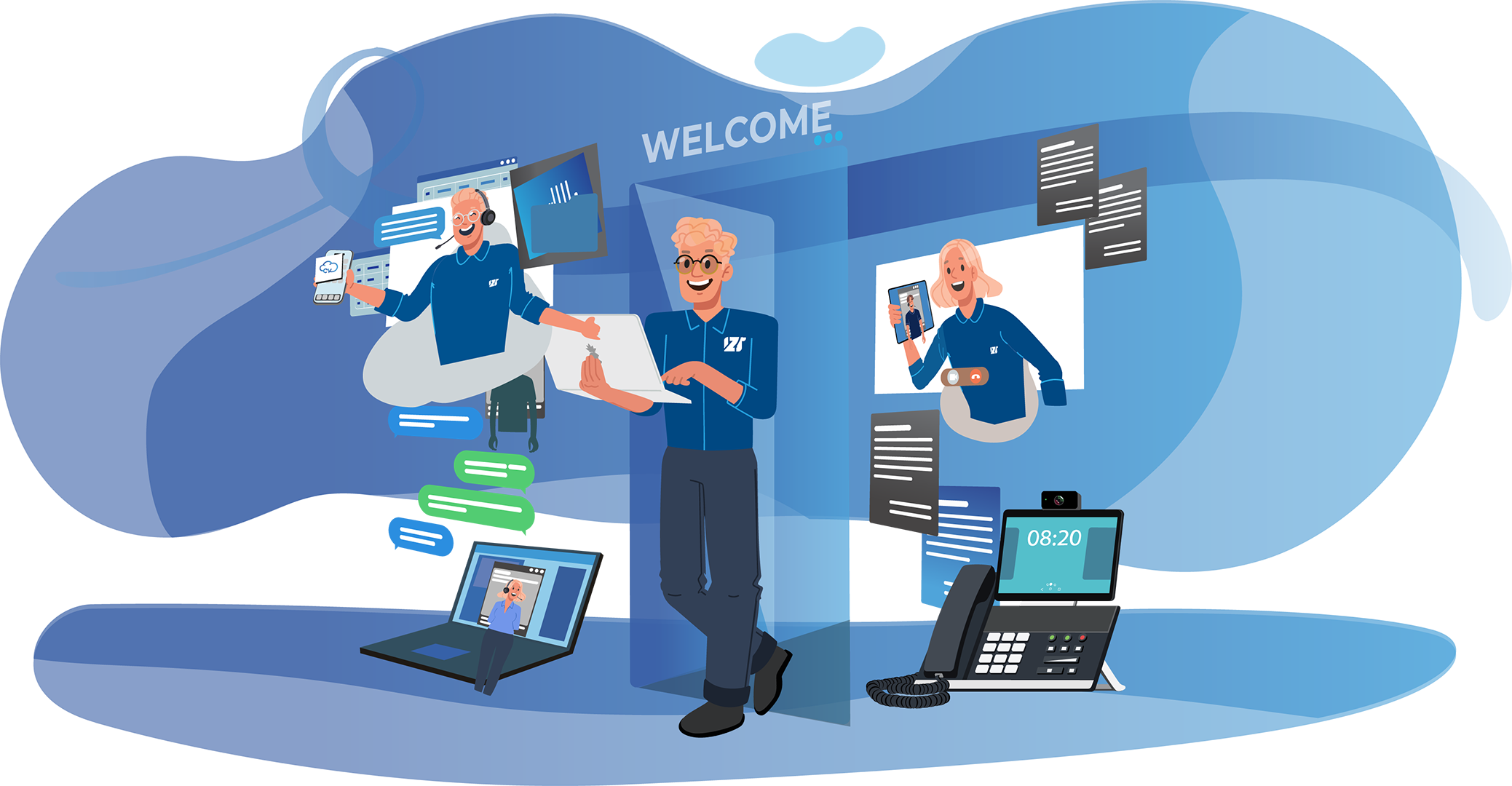 IZT onboarding team welcoming a customer across phone, video, and desktop